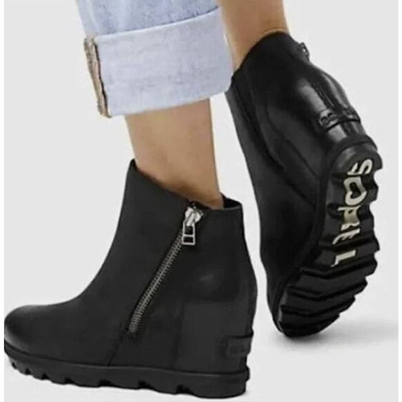Sorel Women’s 7.5 / 38.5 Black Leather Zip JOAN OF ARCTIC WEDGE II ZIP WP NL3364 - Picture 1 of 9